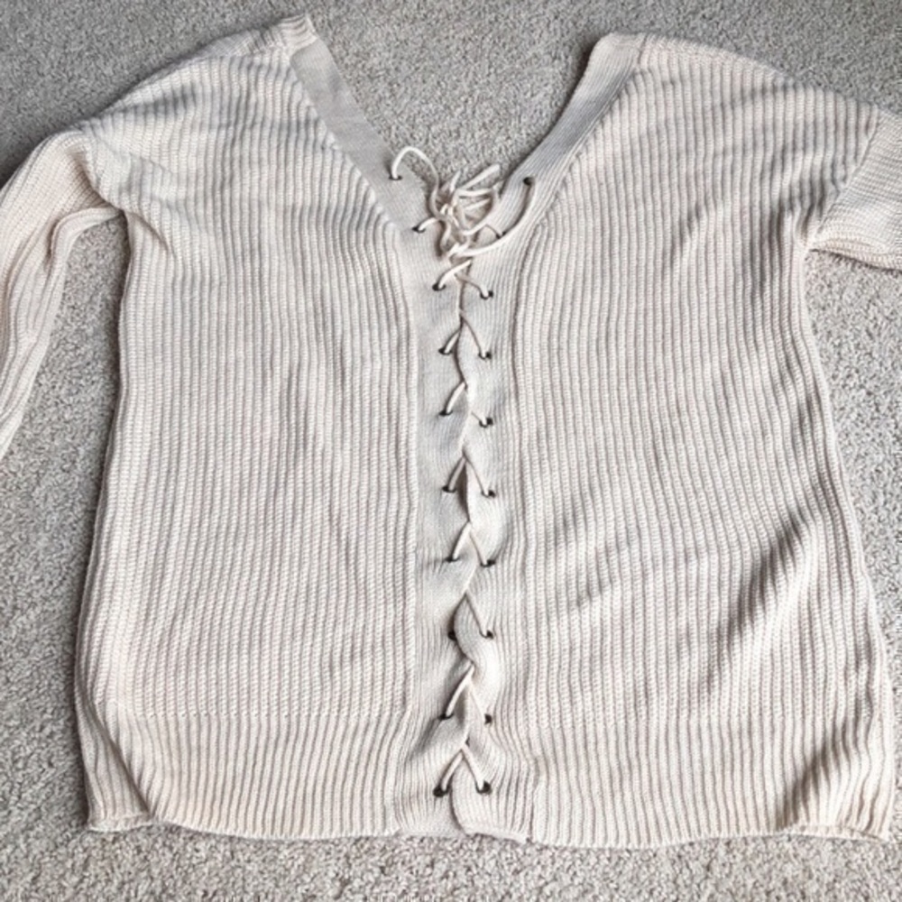 Boutique Beige Lace Up Back V Neck Sweater​